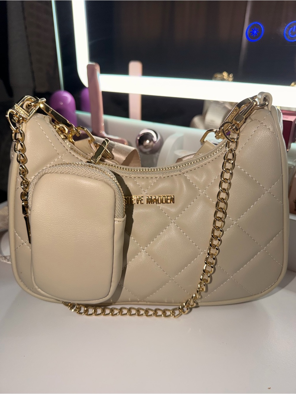 Steve Madden Cream Quilted Shoulder Bag with Gold Chain